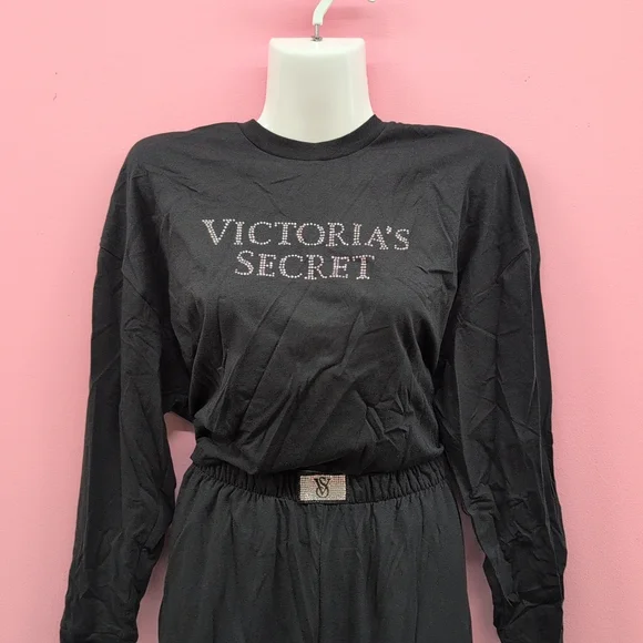 Victoria Secret 100% Cotton Shine Long Pajama Set Small Black W Bling Patch - Picture 2 of 11